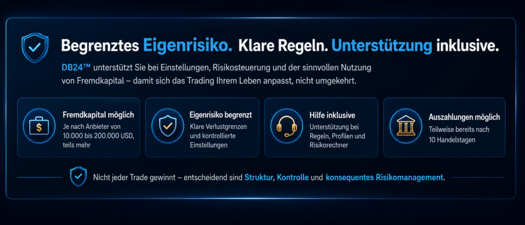 Infografik zu Prop-Trading mit DB24™: begrenztes Eigenrisiko, klare Verlustgrenzen, Unterstützung bei Regeln und Risikomanagement sowie mögliche Fremdkapitalkonten und Auszahlungen.